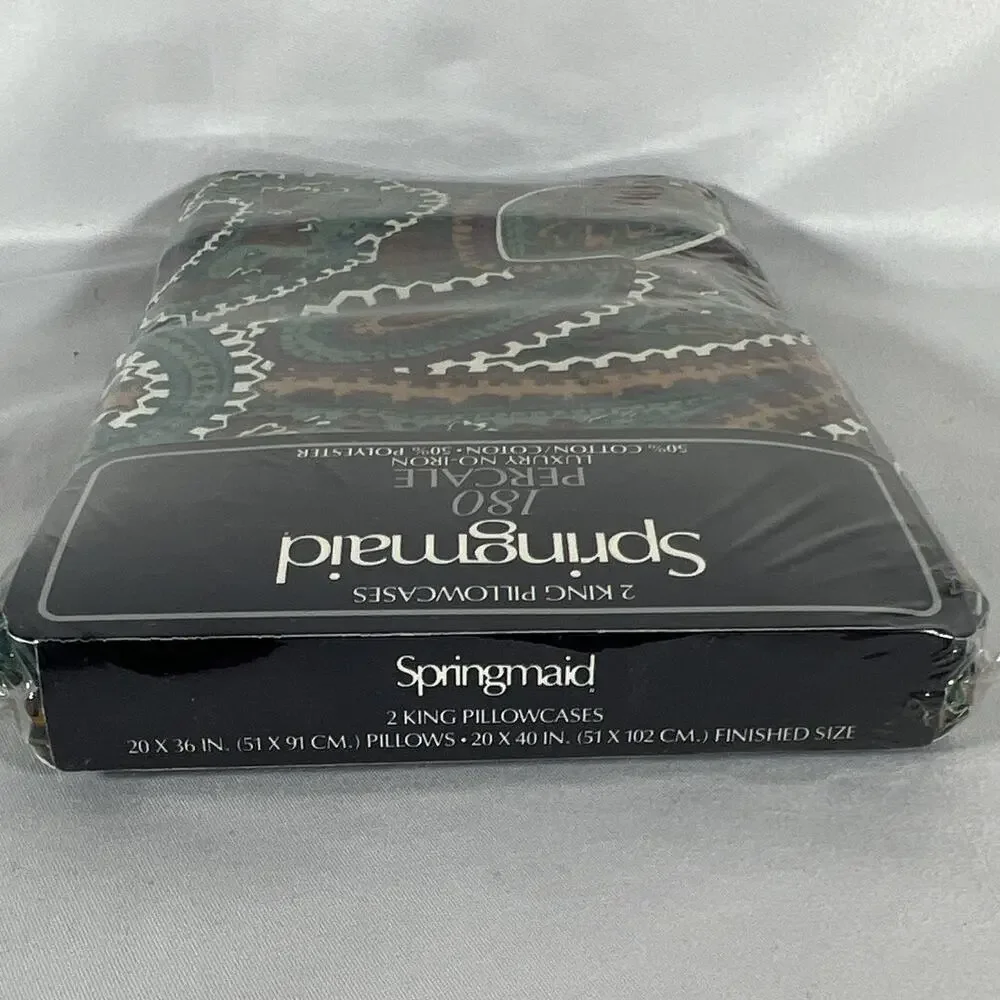 Vintage Springmaid 180 Percale No-Iron King Pillowcase Paisley Green Brown USA